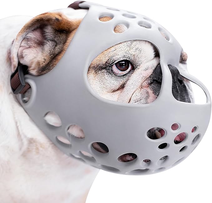 BARKLESS Short Snout Dog Muzzle, Soft Silicone Flat Faced Muzzle for French Bulldog Shih Tzu and Pug for Biting Chewing Licking and Grooming, Allows Panting