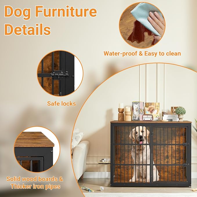 Dog Crate Furniture, 48 Inch Dog Kennel Furniture, Wooden Dog Crate Furniture Large Breed with Rotating Bowls, Heavy Duty Dogs Cage Furniture Indoor, Decorative Crates End Table, Brown