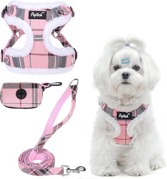 PUPTECK No Pull Dog Harness and Leash Set Reflective No Choke Step in Puppy Halter for XS Small and Medium Sized Dogs, Pink Plaid, Plush, XS