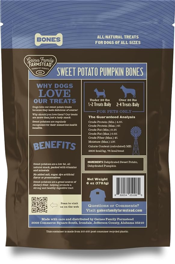 Gaines Family Farmstead Sweet Potato Pumpkin Dog Bones - All-Natural Dog Treats, Digestive Support, Grain-Free, Vitamin-Rich Chews for Puppies & Adult Dogs, 2.5 Pound Bag