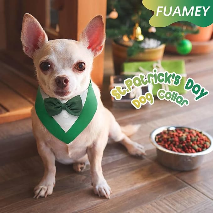 FUAMEY St.Patrick's Day Dog Tuxedo,Pet Green Collar Puppy Costume Adjustable Dog Bandana Cosplay Party Doggie Bibs,Irish Lucky Dress-Up Dog Bow Tie Green and White XS