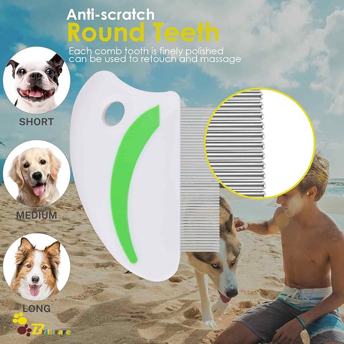 2 Pack Flea Lice Comb, Stainless Steel Dog Cat Grooming Combs with Rounded Teeth, Professional Pet Tear Stain Remover, Dematting Tool for Small, Medium & Large Pets