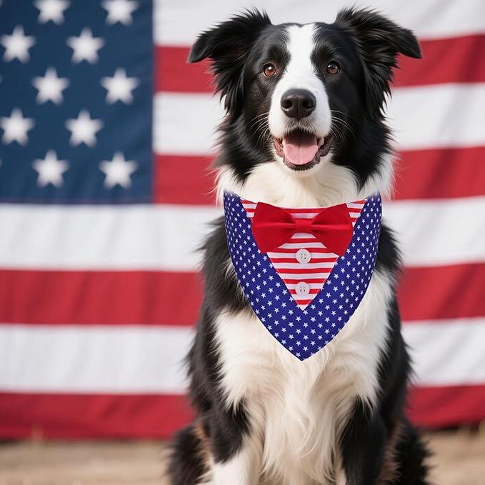 ADOGGYGO American Flag Dog Tuxedo Bandana, Red Blue Pet Tux with Bowtie Adjustable 4th of Julty Bandana Costume for Large Dogs Pets (L)