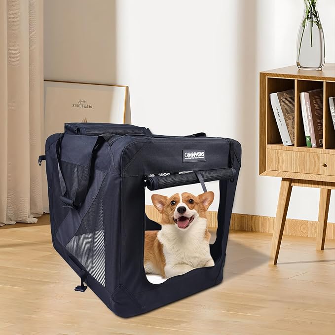 JESPET 30'' Soft Dog Crates Kennel for Pets, 3 Door Soft Sided Folding Travel Pet Carrier with Straps and Fleece Mat for Dogs, Cats, Rabbits, Grey Blue, Beige & Black (30”L x 21”W x23” H, Black)