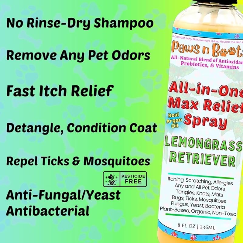 All-in-One Dry Shampoo Spray – 100% Natural, Plant-Based. Removes All Pet Odors, Tangles, & Mats. Fast Relief for Itching, Inflammation. Safe to Use on Toys, Clothes, Furniture, Pets. Tear Free. Lemongrass