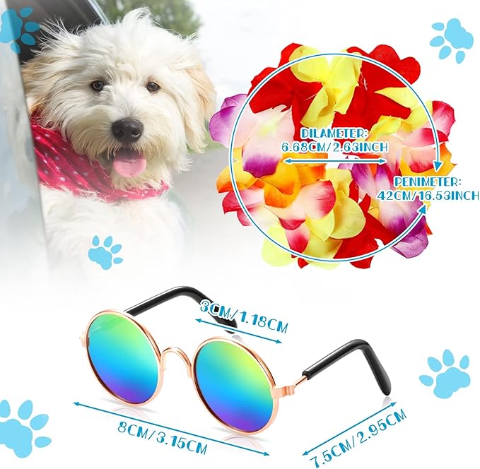 3 Pieces Pet Dog Hawaiian Costume, Includes Puppy Cool T-Shirts Summer Clothes, Funny Cute Dog Retro Fashion Sunglasses and a Colorful Wreath for Small to Medium pet(Blue Series)