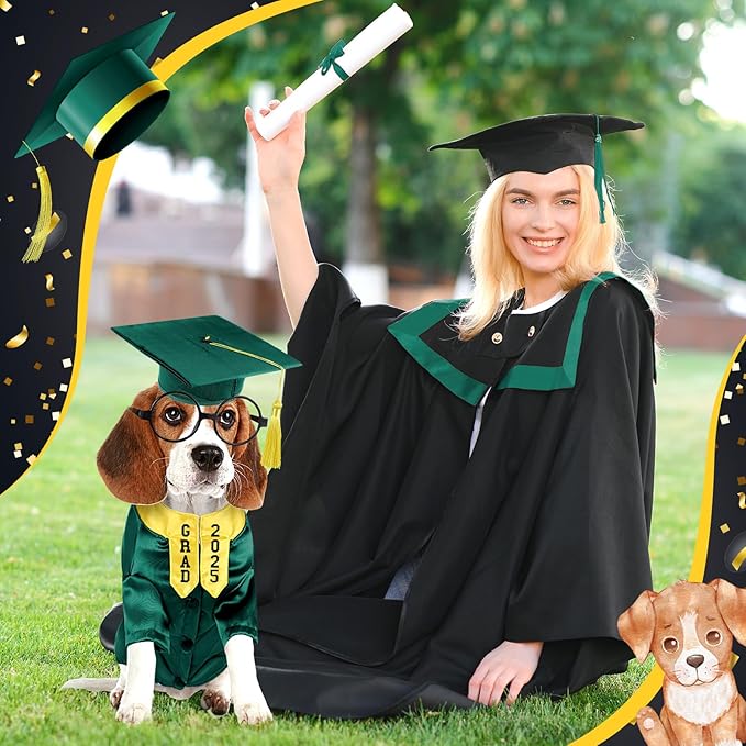 5 Pcs Dog Graduation Costume Set Include 2025 Pet Graduation Gown with Stole Puppy Grad Cap Lensless Glasses DIY Letter Stickers for Dogs Cats Holiday Costume Accessory(Green Yellow,L)