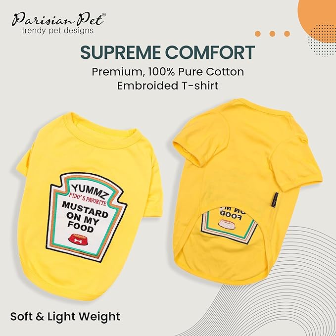 Parisian Pet Dog Shirt - Embroidered ?œMustard on My Food??- 100% Cotton and Polyester Dog Clothes - Sleeved, Lightweight Costume for Dogs - Yellow Dog Shirts for Small Dogs - Pet Costumes - S