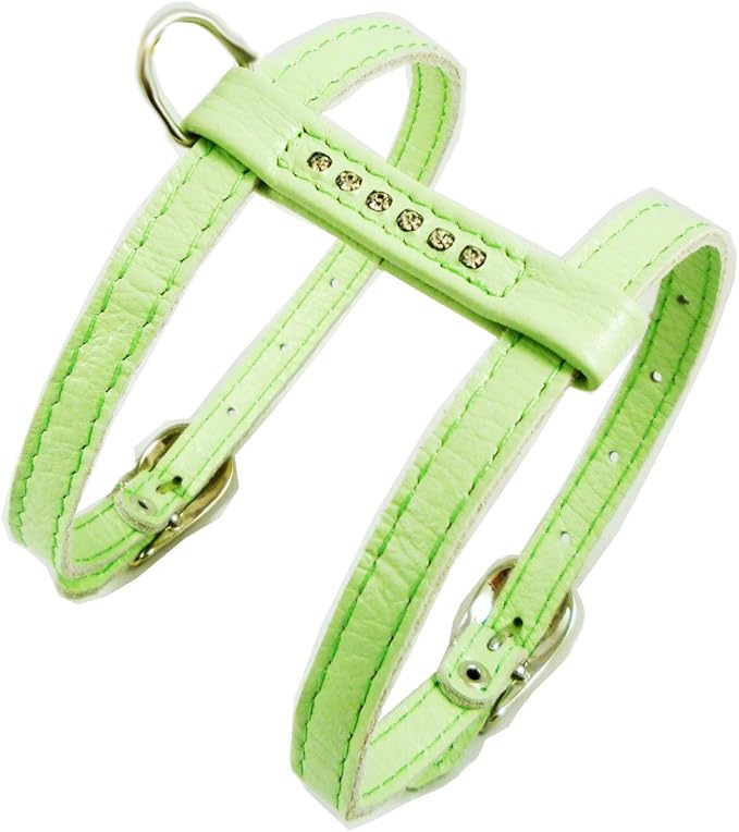 Genuine Leather Dog Harness for Toy Breeds X-Small. 10"-13" Chest Circumference Rhinestones (Green)