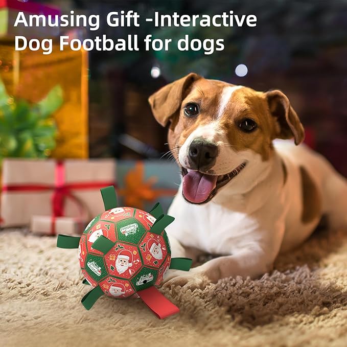 QDAN Christmas Dog Soccer Balls with Straps, Interactive Dog Toys for Tug of War, Puppy Birthday Gifts, Dog Tug Toy, Dog Water Toy, Durable Dog Balls for Small & Medium Dogs(6 Inch)