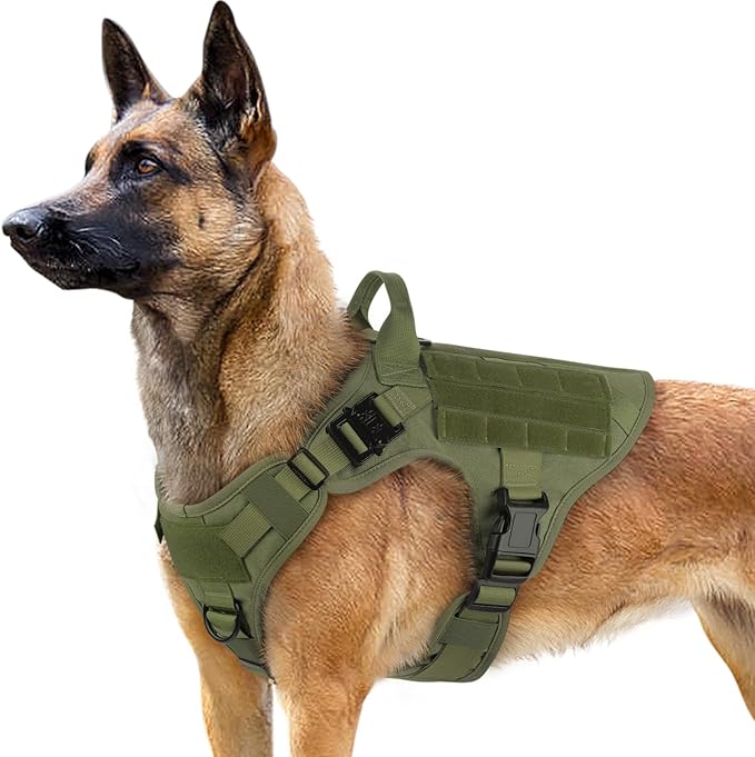 rabbitgoo Tactical Dog Harness for Large Dogs, Heavy Duty Dog Harness with Handle, No-Pull Service Dog Vest Large Breed, Adjustable Military Dog Vest Harness for Training Hunting Walking, Green, L