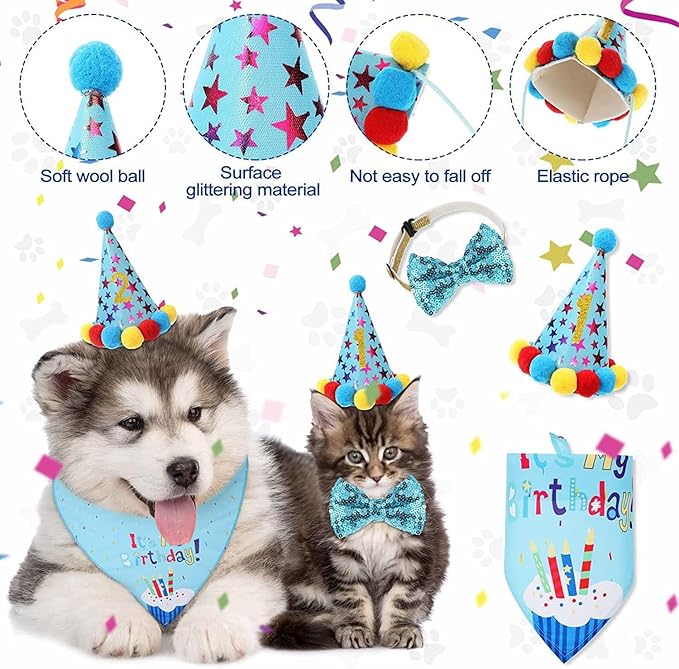 Dog Boy Birthday Party Outfits,Birthday Hat, Bow Tie, Bandana, Happy Birthday Banner,Puppy Pet Theme Decorations Suit for Golden Doodle Teddy Husky Labrador (4PCS Blue)