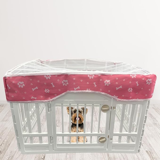 PJYuCien Dog Playpen Mesh Top Cover, Fits 36 Inch 4 Panels Regular Square Plastic Exercise Pet Pen, Adhesive Tape Connections, Pink Paw (Note: Cover Only, Fence Not Included)
