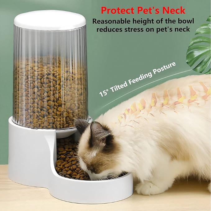 Automatic Cat Feeder - 3.8L Large Gravity Cat Food Dispenser with Detachable Top Lid, Visible Bottle and Stainless Steel Bowl for Dog and Pet (White)