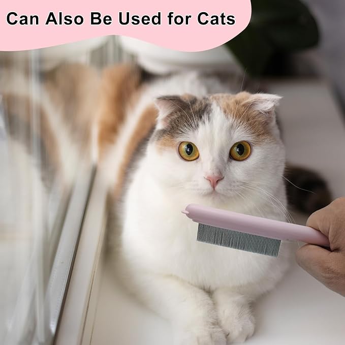 Cute Plastic Dog Comb with Stainless Steel Bristles and Furry Ears Design - Pet Grooming Tool for Removing Dirt and Tangles (Pink)