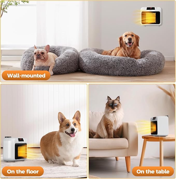 600W Dog House Heater, Space Heater for Dogs Chicken Coop Rabbits, Portable Dog House Heater with Digital Display, White Wall-Mounted Insulated Winter Pet Heater with Thermostat & Anti-Chew Cord