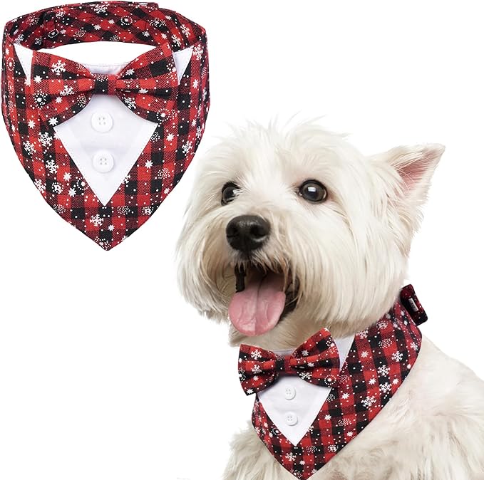 FUAMEY Dog Tuxedo,Formal Dog Bandana Dog Collar with Bow Tie Dog Birthday Costume Adjustable Pet Party Tux Dog Wedding Attire,Dog Valentines Cosplay for Small Medium Large Pets Christmas XS Snowflake