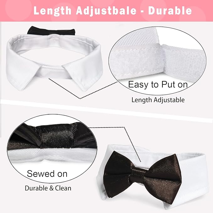 Pet Ties, KOOLMOX Handcrafted Adjustable White Collar with Black Tie and Bow for Pet, Cat Bow Tie for Medium Sized Dogs Tuxedo Tux Suits, Wedding Birthday Valentines Day Grooming, 2 Pack Black