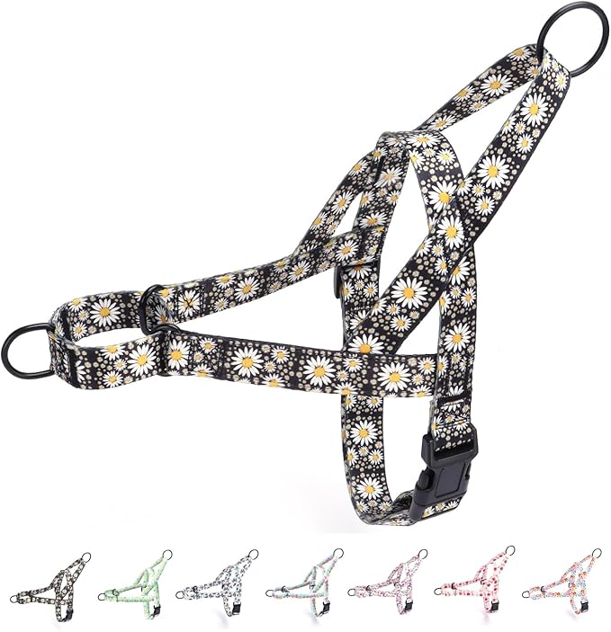 No Pull Dog Harness for Small, Medium, and Large Pets - Floral Pattern Nylon Safety Training Dog Harness (M, Daisy)