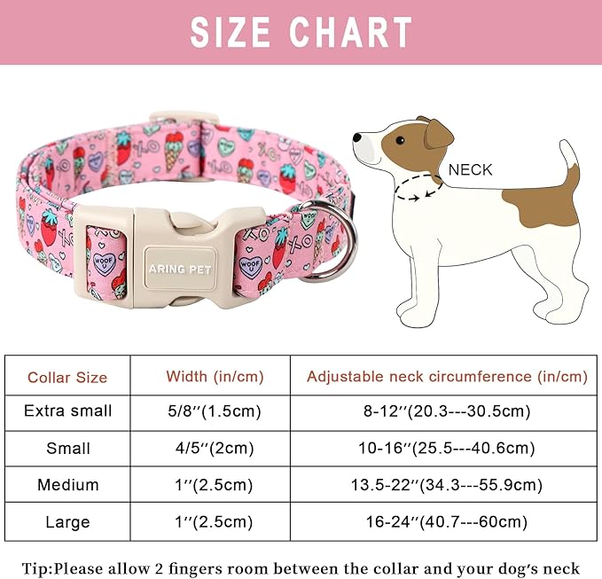 ARING PET Valentine's Day Dog Collar-Cotton Pink Girl Dog Collars, Adjustable Valentine Pet Collars Puppy Collar with Quick Release Buckle for Girl&Boy Dogs