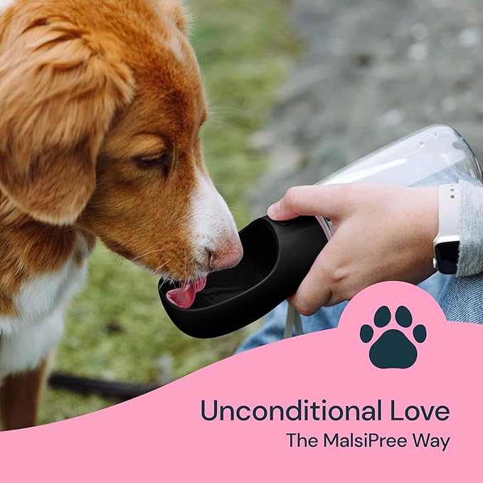 MalsiPree Leak Proof Portable Dog Water Bottle - 12 oz, Lightweight, Black Travel Pet Water Bottle with Bowl - Food Grade Plastic - Dog Walking Accessories - Doggy Trail Sip