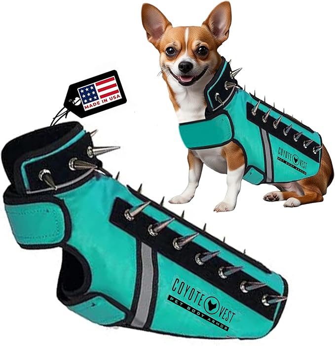 CoyoteVest SpikeVest Dog Harness Vest for Small Dogs, Reflective Dog Vest with Spikes to Shield Your pet from Coyotes, Raptor and Animal Attacks, Anti Hawk Vest, Made in USA (XXS-Turquoise)