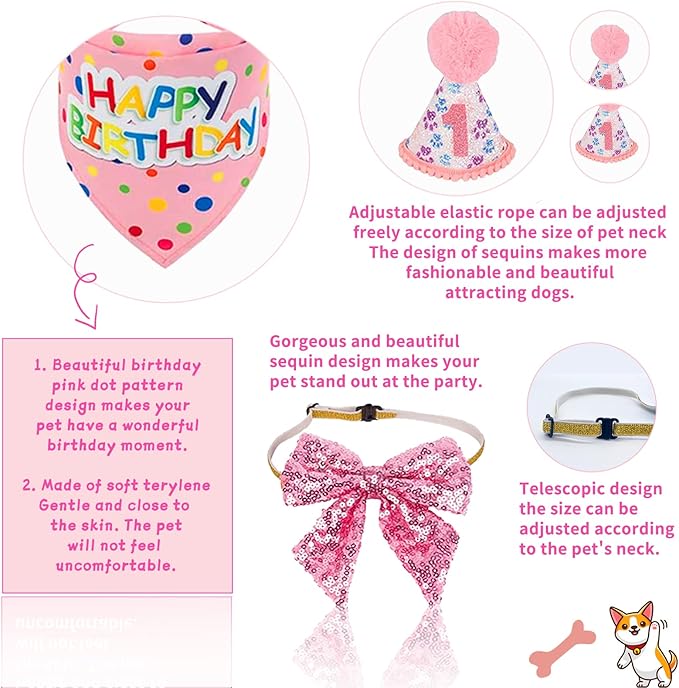 Dog Birthday Bandana Hat Girl Dogs Birthday Party Supplies Red Bowtie Dogs Tutu Skirt for Girl Dog Birthday Decorations