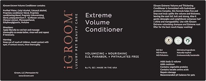 iGroom Extreme Volume Dog Conditioner, Luxury Pet Beauty Care, Adds Body and Volume, Repairs Damage, Made in USA, 64 oz