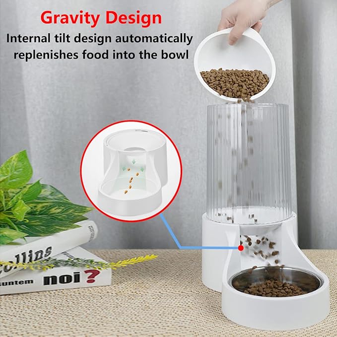 Automatic Cat Feeder - 3.8L Large Gravity Cat Food Dispenser with Detachable Top Lid, Visible Bottle and Stainless Steel Bowl for Dog and Pet (White)