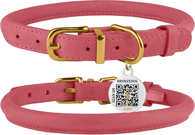 BRONZEDOG Rolled Leather Dog Collar with QR ID Tag Adjustable Soft Round Collars for Small Medium Large Dogs Puppy Cat (11" - 14 1/2" Neck Size, Coral Pink)