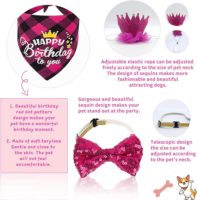 Dog Birthday Bandana Girl Dogs Birthday Party Supplies with Red Tutu Crown Scarf Numbers Red Bowtie Tutu Skirt Paw Balloons for Girl Dog Birthdays Decorations Supplies