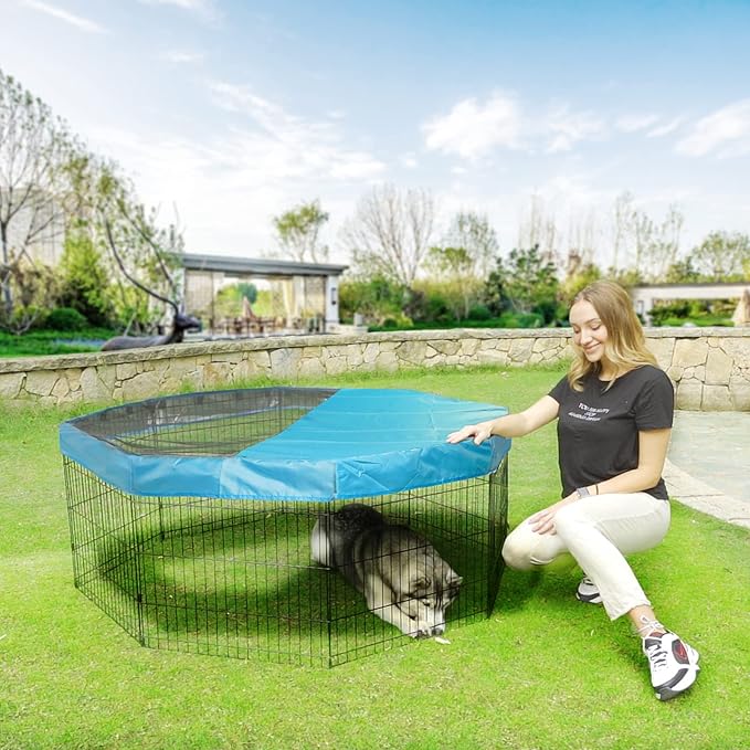 PJYuCien Dog Playpen Mesh Top Cover, Fits 24 Inch 8 Panels Regular Octagon Metal Exercise Pet Pen, Adhesive Tape Connections, Blue (Note: Cover Only, Fence Not Included)