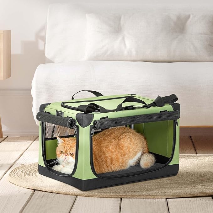 Petsfit Cat Crate - 20 Inch Lightweight, Easy Setup, Sturdy Portable, Adjustable Framework with 3 Mesh Door, Collapsible Dog Crate, Small Cat Kennel, Green 20inch