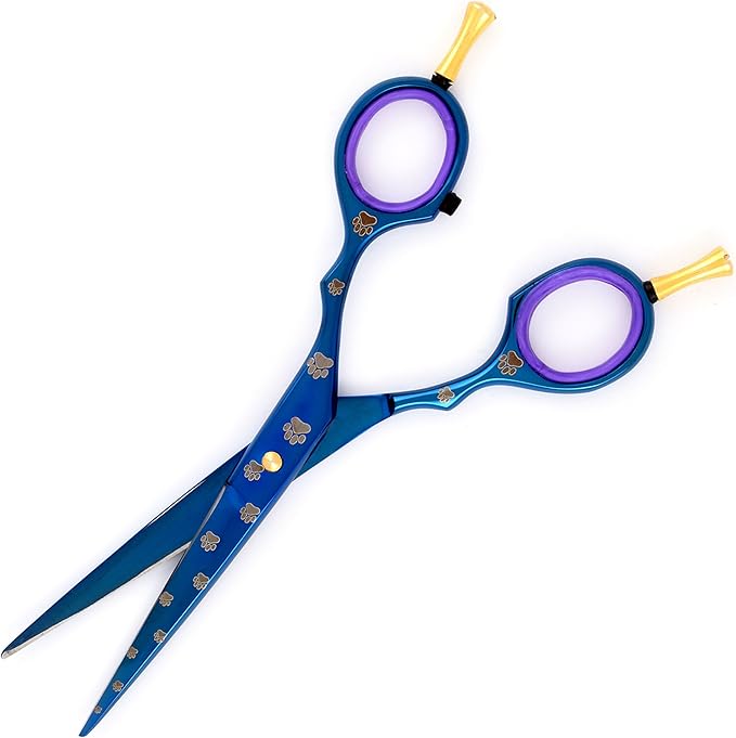 5.5" Professoinal Pet Grooming Scissors Double Finger Rest, Blue Titanium Coating, Dog Paws Laser Engraved
