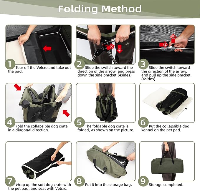 Pettycare Portable Travel Dog Crate 4-Door Soft Sided 36 Inch Collapsible Dog Crate with Curtains Durable Mesh Foldable Pet Kennel Soft Crates for Large Dogs Indoor & Outdoor Olive Green