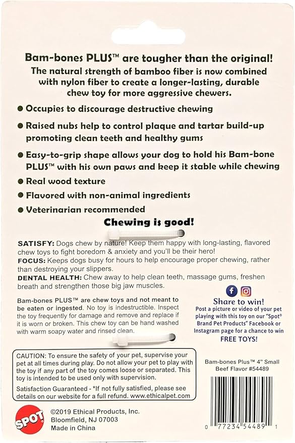 SPOT Bam-Bones Plus T Bone - Bamboo Fiber & Nylon, Durable Long Lasting Dog Chew for Aggressive Chewers – Great Toy for Adult Dogs & Teething Puppies Under 30lbs, Non-Splintering, 4in, Beef Flavor