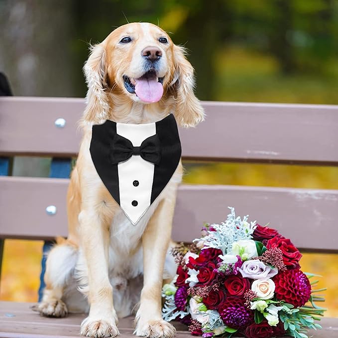 Dog Tuxedo Suit Wedding Bandana Collar with Bow Tie, Adjustable Formal Dog Tux Engagement Birthday Tuxedo for Large X-Large Dogs Pets (X-Large: Neck 21"-30")