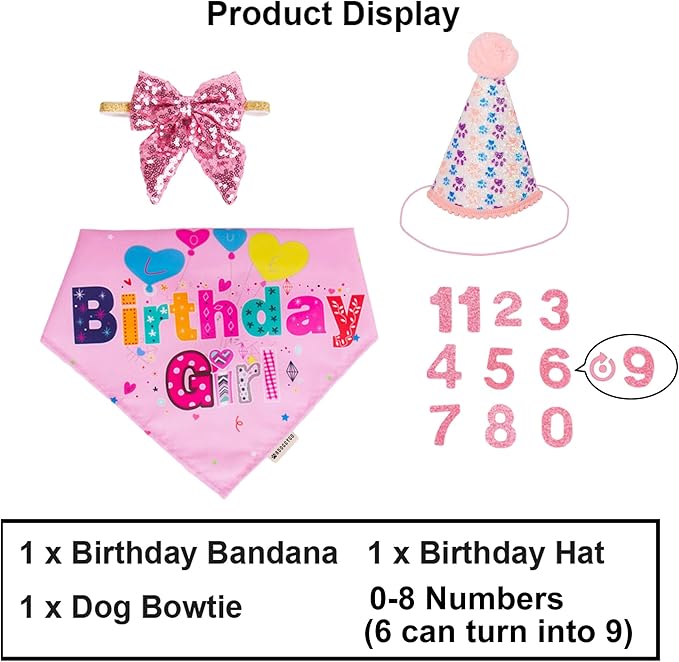 ADOGGYGO Dog Birthday Party Supplies, Pink Girl Puppy Birthday Bandana Hat Numbers Bow Set for Large and Extra Large Dogs (X-Large)