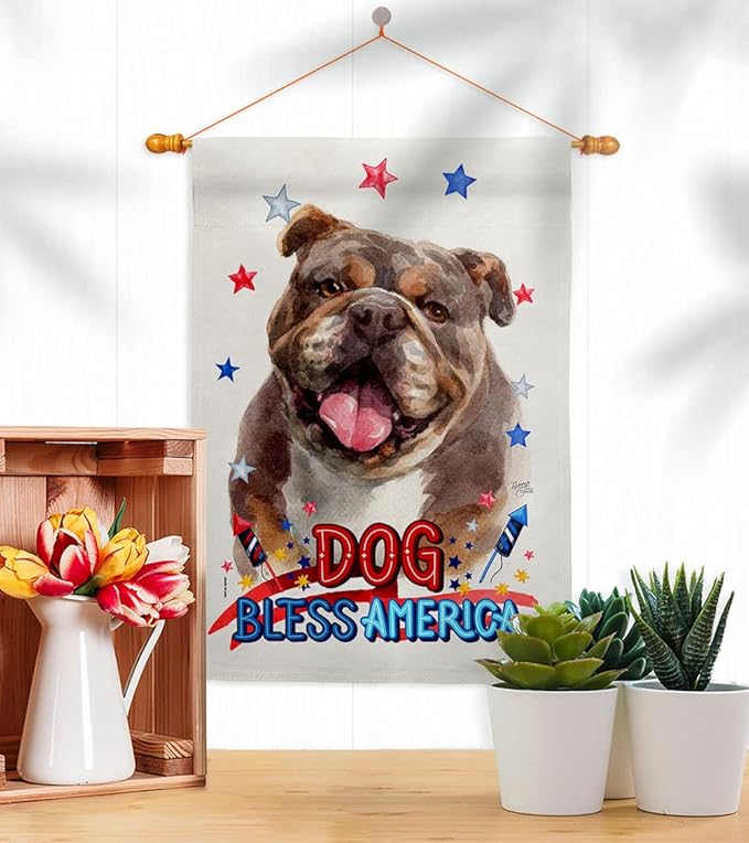 Breeze Decor Patriotic Chocolate Bulldog House Flag Dowel Set Dog Puppy Spoiled Paw Canine Fur Pet Nature Farm Animal Creature Banner Small Garden Yard Gift Double-Sided, Made in USA
