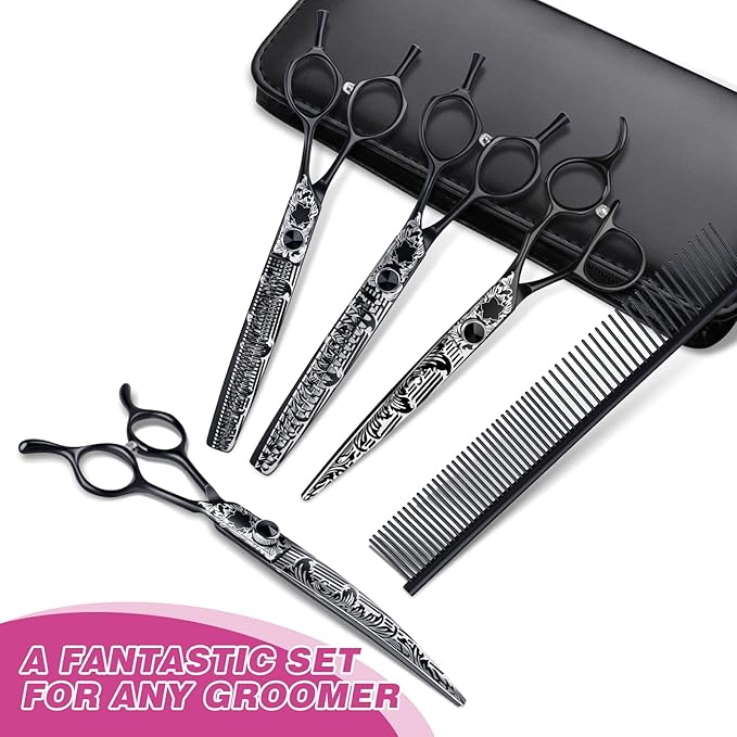 JASON Professional 6 in 1 Dog Scissors Set - Thinning Shear, Straight Scissor, Chunker, Down-curved Shears and Comb for Cat Pet (Black, 7")