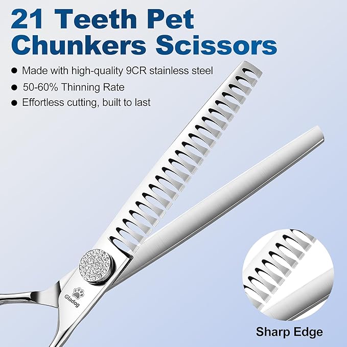 GLADOG 7" Chunkers Dog Grooming Scissors - Premium 9CR Dog Scissors for Grooming with Luxurious Diamond Nut,Ideal Dog Grooming Shears for Reducing Bulk, Dog Hair Scissors,Cat Grooming Scissors