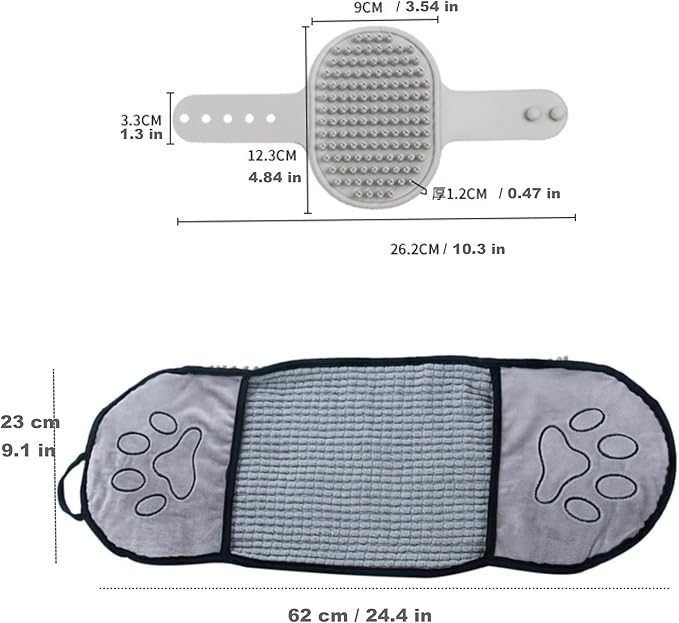 Microfiber Dog Towels for Drying Dogs, Dog Bath Brush & Towel Set, Super Absorbent,Machine Washable, Rubber Dog Wash Brush,Dog Shower Bathing Brush for with Adjustable Ring Handle(Grey)