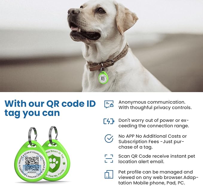Dog Tags Personalized, QR Code Pet ID Tags for Dog Collar, Online Profile, Scan Location Alerts, Green