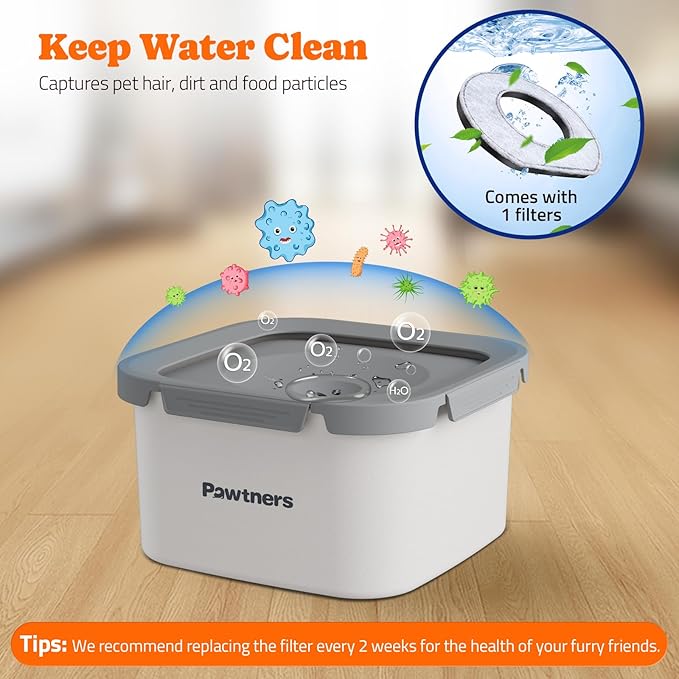 Dog Water Bowl No Spill, 4.5L Stainless Steel Dog Floating Bowl, Slow Water Bowl for Dog with Filter, Non-Slip Base, No Splash Water Bowl for Medium Large Messy Drinkers White