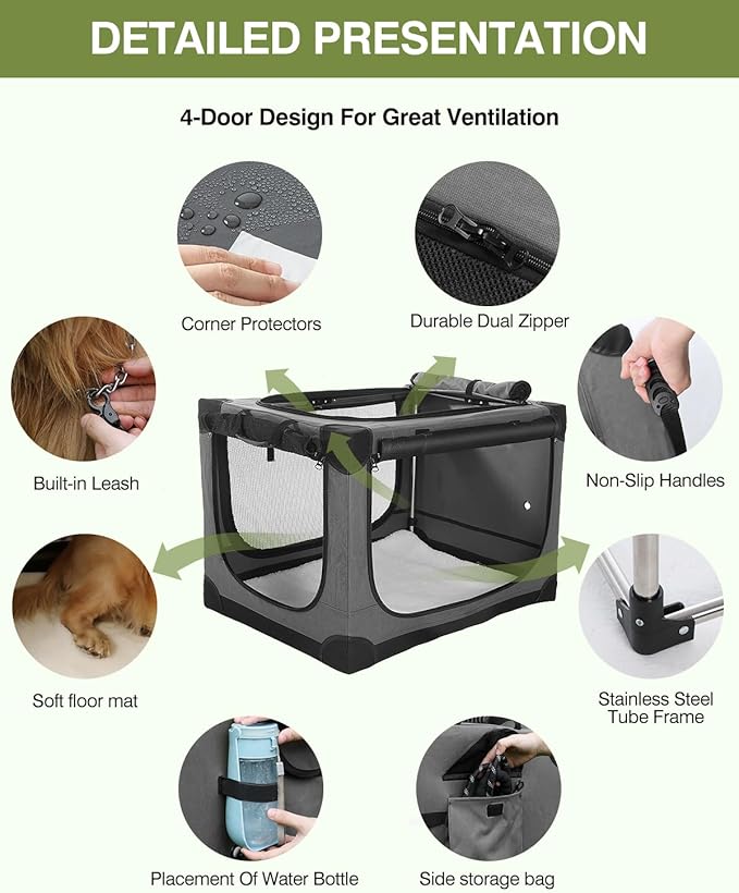 42-Inch Collapsible Travel Dog Crate, Portable 4-Door Soft Kennel for Medium to Large Dogs, Chew-Proof Mesh Windows, Indoor/Outdoor Use, Foldable, with Storage Bag (Grey)