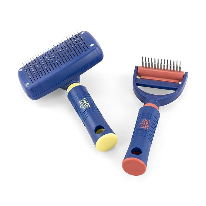 Good Scout 2-Piece Deshedding Tool Set with Self-Cleaning Slicker Brush & Dual-Head for Dogs & Cats, Gentle, Safe & Effective Grooming Tool for Short or Long Haired Animals