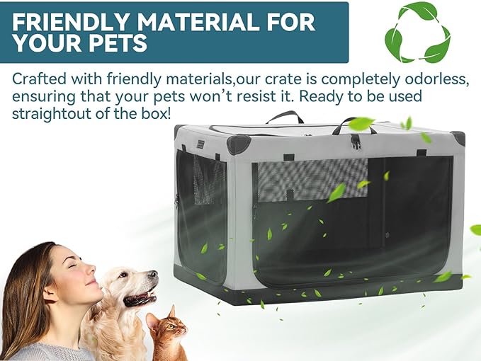 PETSFIT Portable Dog Crate, with Patented Adjustable Fabric Cover, Chewproof & Lockable Mesh Doors, Waterproof Base Collapsible Kennel Grey 26 Inch