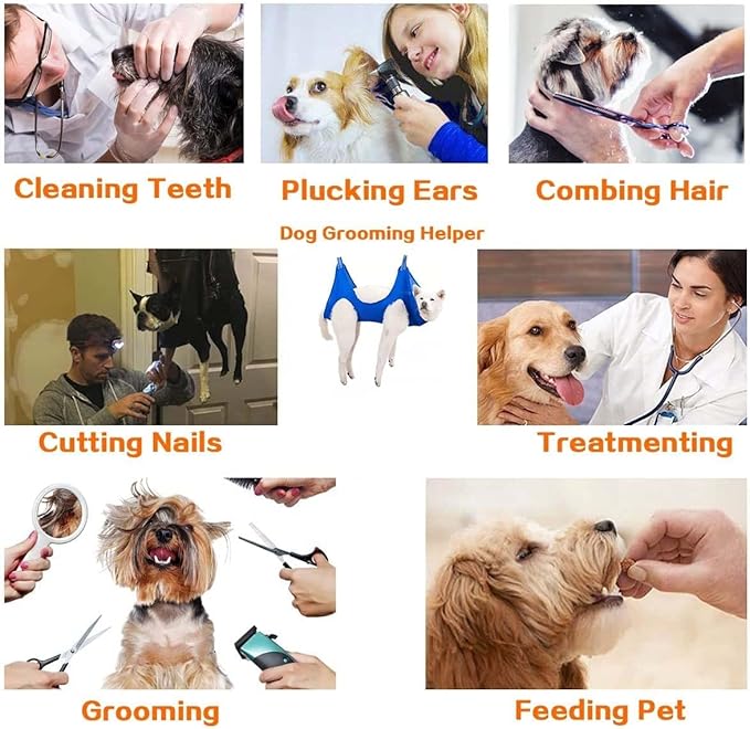 Pet Dog Grooming Hammock Harness with Two Heavy Duty Stainless Clips, Nail Clippers, Nail Trimmers, Scissors with Grooming Sling Harness for Nail Trimming Clipping (Small/Under 45lb, Blue)