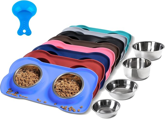 Hubulk Pet Dog Bowls 2 Stainless Steel Dog Bowl with No Spill Non-Skid Silicone Mat + Pet Food Scoop Water and Food Feeder Bowls for Feeding Small Medium Large Dogs Cats Puppies (Medium, Blue)