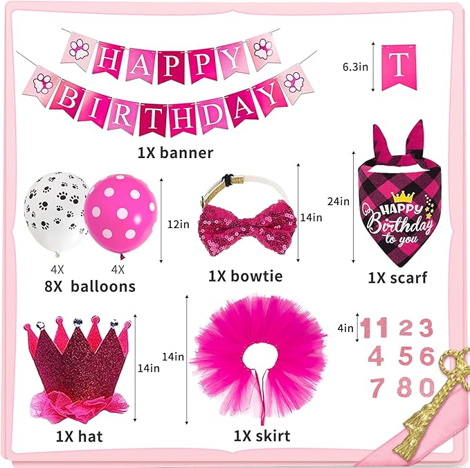 Dog Birthday Bandana Girl Dogs Birthday Party Supplies with Red Tutu Crown Scarf Numbers Red Bowtie Tutu Skirt Paw Balloons for Girl Dog Birthdays Decorations Supplies